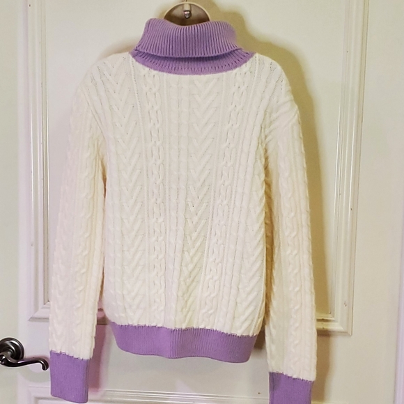 Tularosa Chunky Cream & Lavender Cable Knit Turtleneck Sweater, Size X-Large - Picture 12 of 15